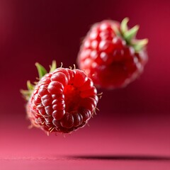 Aufkleber - Two Fresh Raspberries on a Red Surface, Displaying Texture and Detail in a Square Format