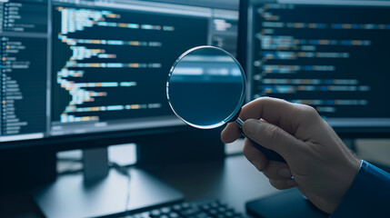 Poster - Code Analysis with Magnifying Glass: A detailed examination of coding, a close-up of a hand using a magnifying glass to scrutinize lines of code displayed on two computer monitors.
