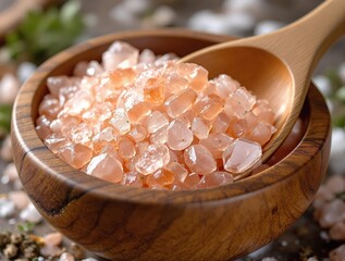 Poster - A wooden bowl filled with amber-colored crystalline salt, set against a blurred background of more salt and herbs.