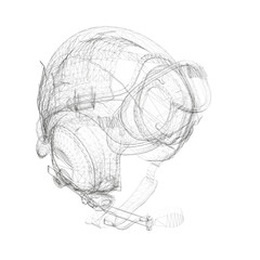 Poster - A drawing of a helmet with a microphone on it. The helmet is black and white