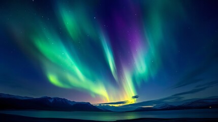 a vibrant display of the aurora borealis over a dark landscape with a body of water at the horizon