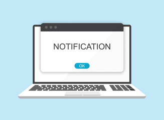 Poster - Laptop notification icon in flat style. Computer vector illustration on isolated background. Reminder message sign business concept.