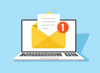 Poster - Laptop icon in flat style. Computer vector illustration on isolated background. Email notification sign business concept.
