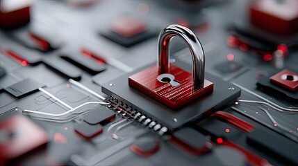 Fototapete - Glowing red abstract lock symbol with circuit patterns and data streams, symbolizing cybersecurity in a digital art style