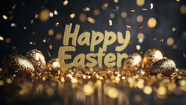 3D text Happy Easter with golden eggs, glitter background, golden colors, dark background, Easter theme