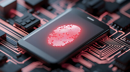 Poster - Glowing Red Fingerprint on Smartphone Screen Displayed on Circuit Board