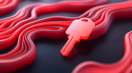 Poster - Glowing Red Digital Key on Abstract Red Wave Background