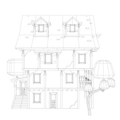 Poster - A house with a tree in front of it. The house is very large and has a lot of windows