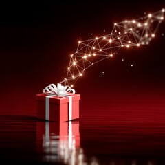 Leinwandbilder - A Gift of Innovation: Red Present with Glowing Network Emerging on Dark Red Background.