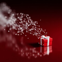 Poster - Connected Gift: A Red Present Box with a Data Network Emerging, Set Against a Deep Red Gradient Background.