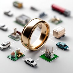 Poster - Golden Ring at the Center of a Logistics Network Represented by Miniature Vehicles, Factories, and Storage Units.