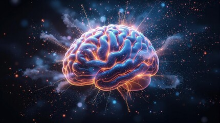 Aufkleber - A 3D rendering of a human brain with sparks and particles flying around it, set against a dark background.