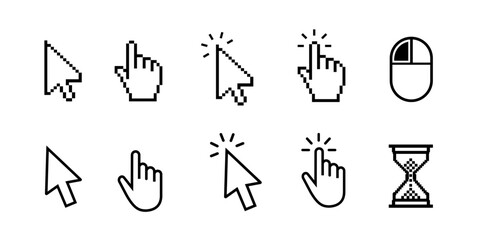 Fototapete - pixel cursor icon set including arrow, hand pointer, click effect, hourglass, and magnifier. classic