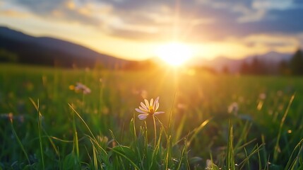 Poster - Beautiful sunset landscape with a single flower in the foreground and mountains in the background : Generative AI