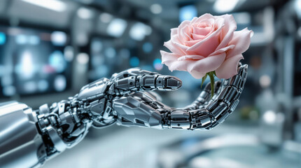 Poster - A robotic hand holding a pink rose.