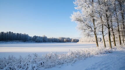 Aufkleber - Frozen lake surrounded by snowy trees reflecting a winter sky : Generative AI