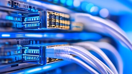 Poster - Close Up of Network Cables and Connection Ports in a Data Center with Blue Lighting : Generative AI