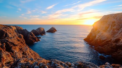 Poster - Breathtaking Coastal Sunset Over the Ocean with Rocky Outcrops and Dramatic Sky : Generative AI