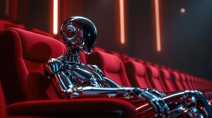Poster - A robot sitting in the audience of an empty theater.