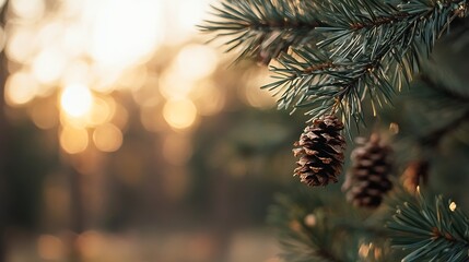 Aufkleber - Beautiful Pine Cone Hanging on Branch with Warm Bokeh Effects in Nature Background : Generative AI