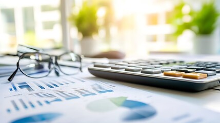 Aufkleber - Modern Office Workspace with Calculator and Glasses on Desk Among Financial Charts : Generative AI