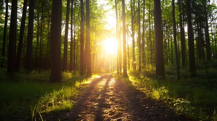 Aufkleber - Beautiful Sunlight Streaming Through Tall Trees Creating a Magical Forest Pathway in Nature : Generative AI