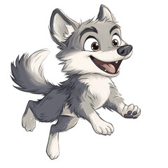 Poster - Playful Animated Wolf Cub Character Jumping with Joy on Black Background
