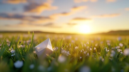 Aufkleber - Scenic Sunset over Green Grass Field with Paper Pyramid : Generative AI