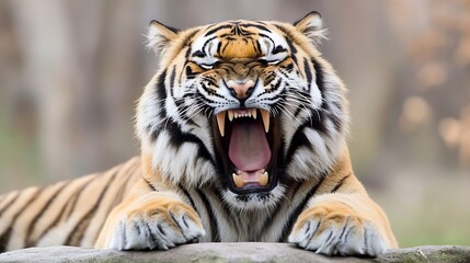Poster - Majestic Tiger Yawning Outdoors in Natural Habitat : Generative AI