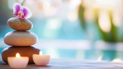 Aufkleber - Serene Spa Scene with Stacked Stones Candles and Orchid Providing Calm and Relaxation : Generative AI