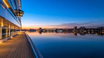 Poster - Serene Evening View of a Waterfront with Modern Architecture at Dusk : Generative AI