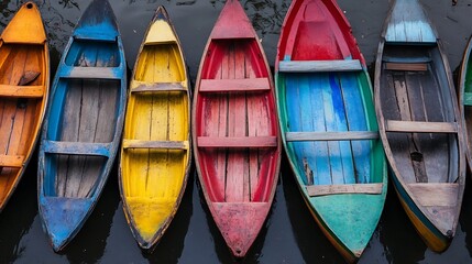 Poster - Colorful Wooden Boats Lined Up on Calm Water in Bright Sunlight : Generative AI