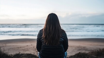 Poster - Woman Gazing at Ocean Waves While Sitting on a Beach at Sunset : Generative AI