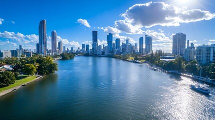 Poster - Dynamic City Skyline Reflected on Water Under a Bright Blue Sky : Generative AI