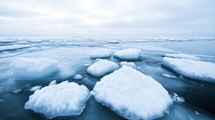 Poster - Ice chunks floating on a calm ocean surface under a cloudy sky during winter : Generative AI