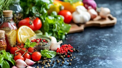 Poster - Fresh organic vegetables and herbs on a rustic table ready for cooking : Generative AI