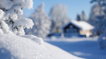 Aufkleber - Snowy Winter Landscape with a Cozy Cabin Surrounded by Frosty Trees and Blue Sky : Generative AI