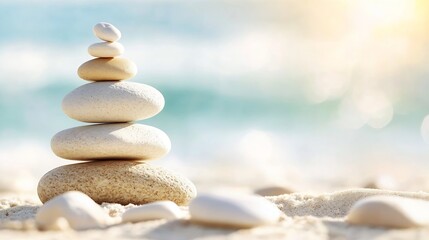 Poster - Balanced Stack of Smooth Stones on Seashore with Soft Sunset Colors in Background : Generative AI