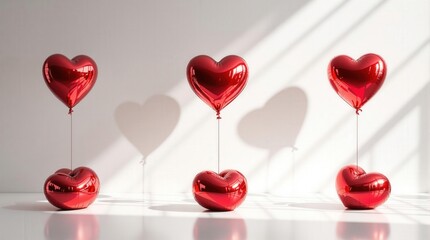 Poster - Four red balloons in the shape of hearts floating against a white background.