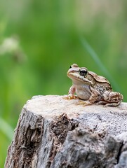 Poster - Charming frog perched on a log surrounded by lush greenery in a natural setting : Generative AI