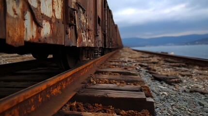 Poster - Rusty Old Train Cars on Abandoned Railway Tracks Near the Sea : Generative AI