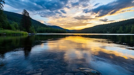 Poster - Breathtaking Scenic View of a Lake with Mountains and Colorful Sunset Sky : Generative AI