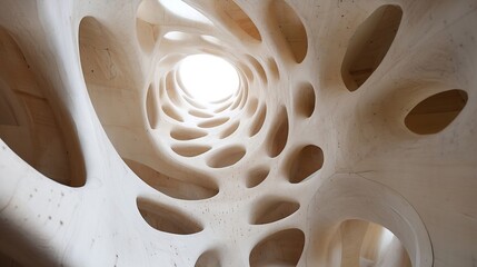 Aufkleber - A Stunning View Inside Abstract Wood Sculpture with Unique Organic Shapes and Bright Light : Generative AI