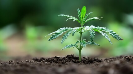Aufkleber - Young Cannabis Plant Emerging from Rich Soil Surrounded by Lush Greenery and Natural Light : Generative AI