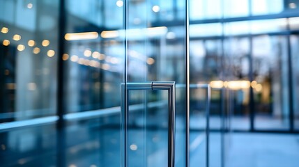Aufkleber - Sleek modern glass entrance with shiny handle reflecting bright ambient office lights : Generative AI