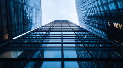 Poster - Modern skyscraper glass facade view from ground perspective showcasing contemporary architecture : Generative AI