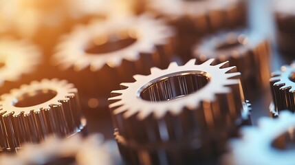 Poster - Industrial Gears in Close-Up View with a Warm Glow Highlighting Their Details and Textures : Generative AI