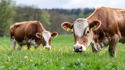 Poster - Two Dairy Cows Grazing in a Lush Green Field on a Cloudy Day : Generative AI
