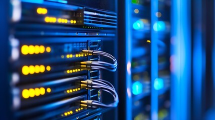 Poster - Modern Data Center with Illuminated Server Rack and Network Cables in Blue Lighting : Generative AI