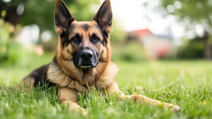 Poster - German Shepherd Dog Laying on Grass in a Beautiful Outdoor Setting with Trees : Generative AI